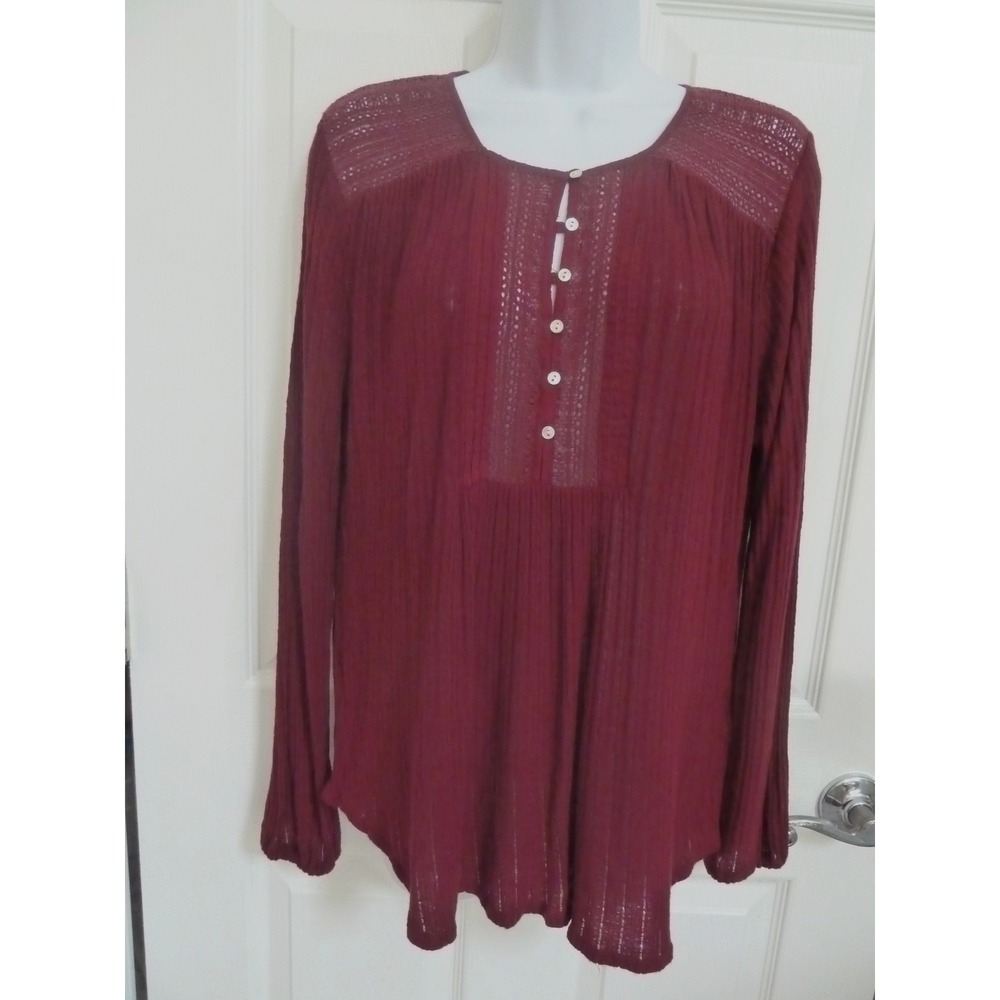 LUCKY BRAND XL Maroon Ribbed Knit Boho Peasant 1/4 Button Pullover Top Lacy